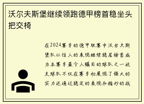 沃尔夫斯堡继续领跑德甲榜首稳坐头把交椅